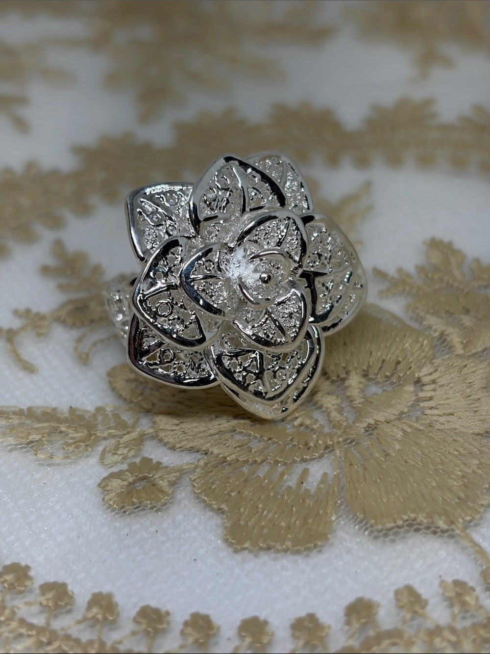 925 Sterling Silver Romantic Flower Ring Adjustable Lace Filigree Victorian - Picture 5 of 8